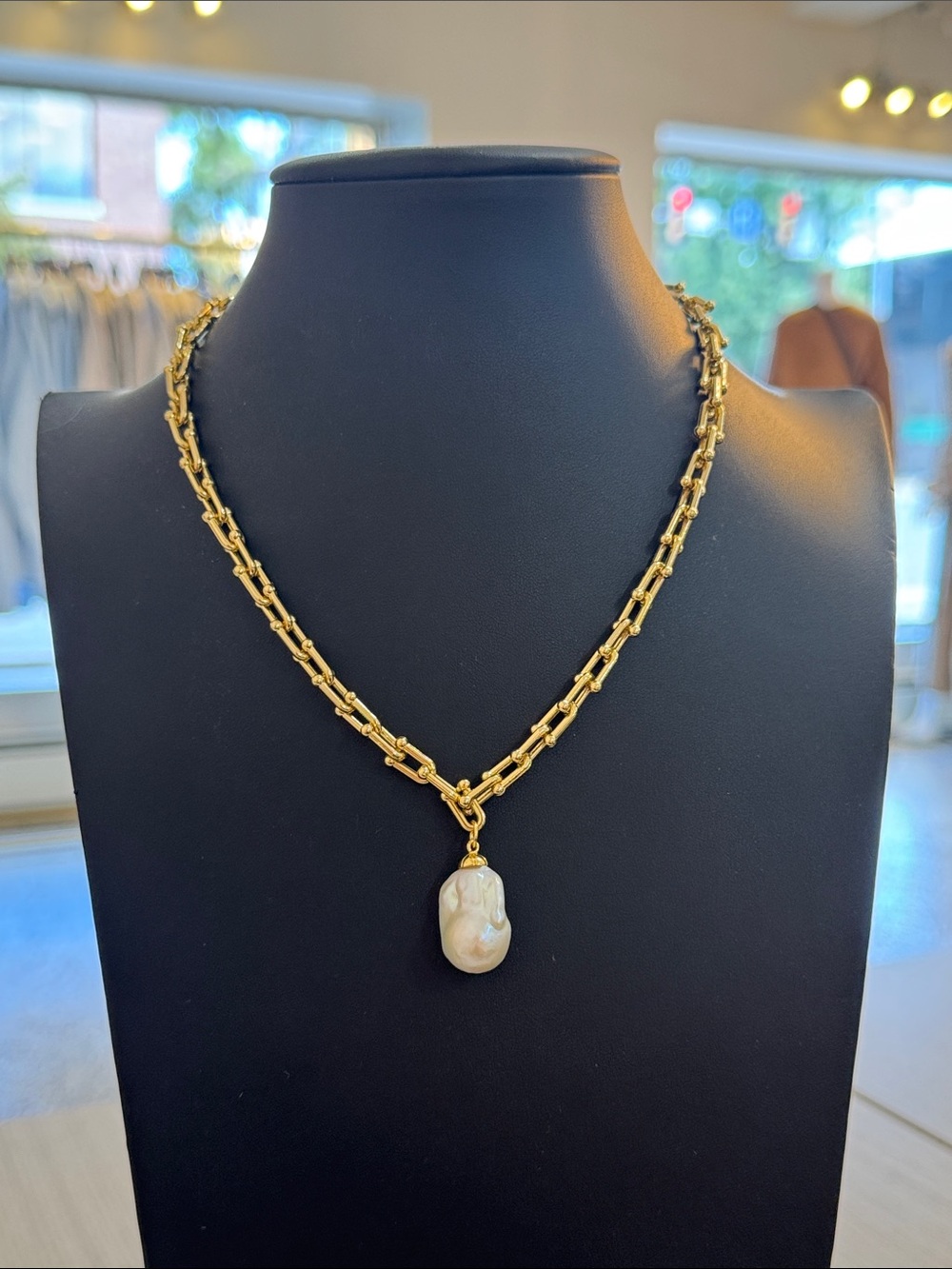 Gold Tone Chain Necklace with Baroque Pearl Pendant